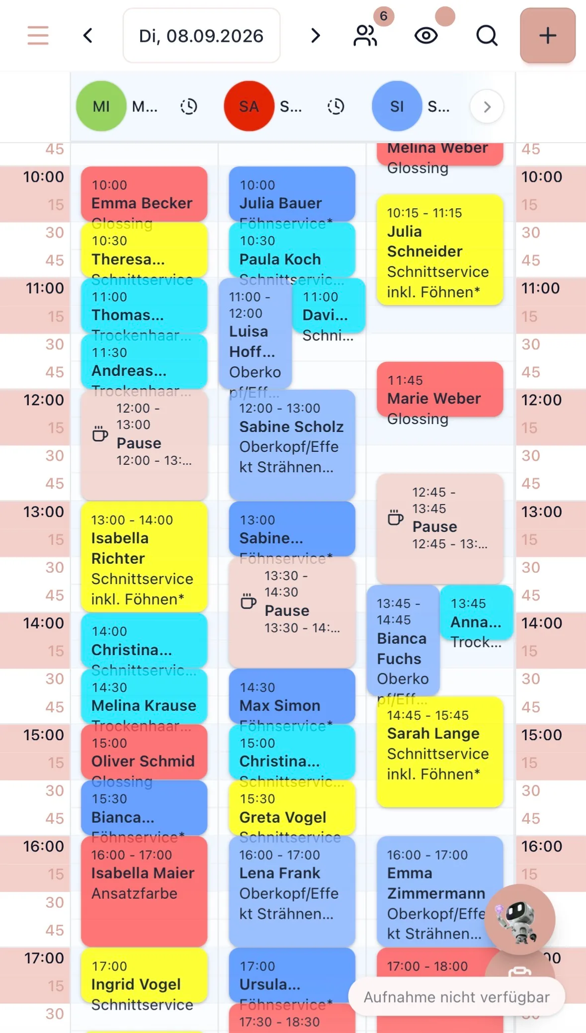 ConciergeBeauty Mobile-Kalender mit Tagesansicht und farbigen Terminen