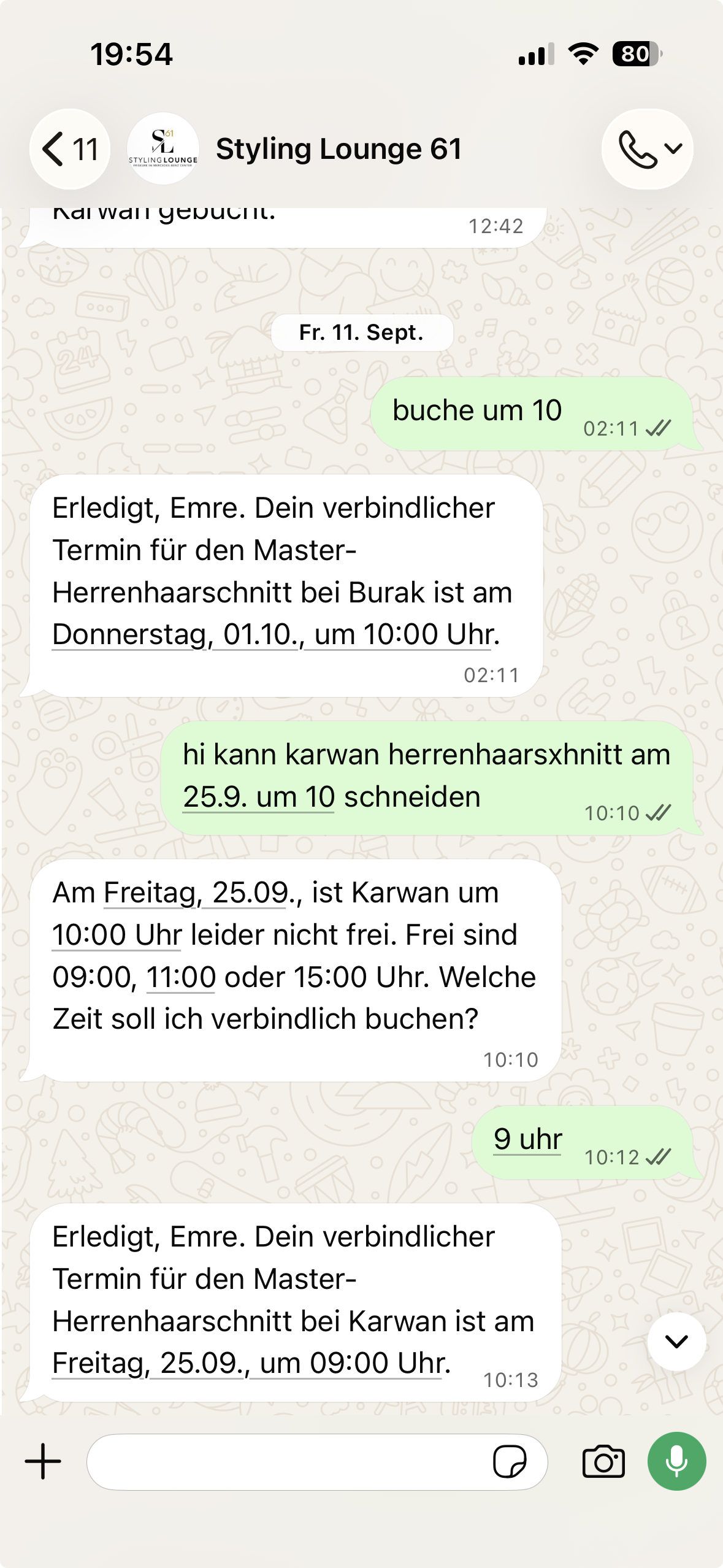 WhatsApp-Nachrichten mit bestätigter Terminbuchung